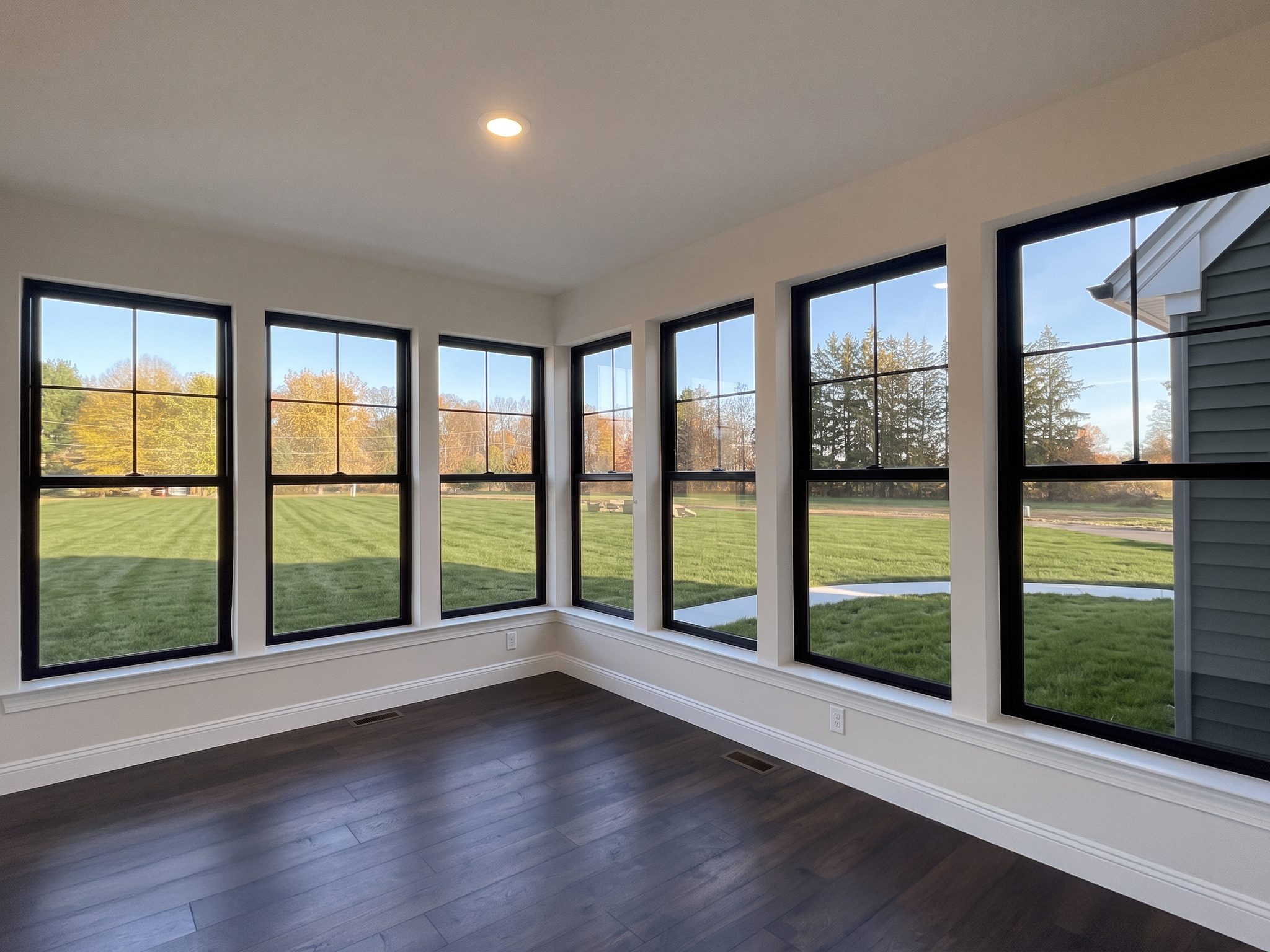 Corner sunroom with black-framed windows overlooking a lawn, dark wood floors