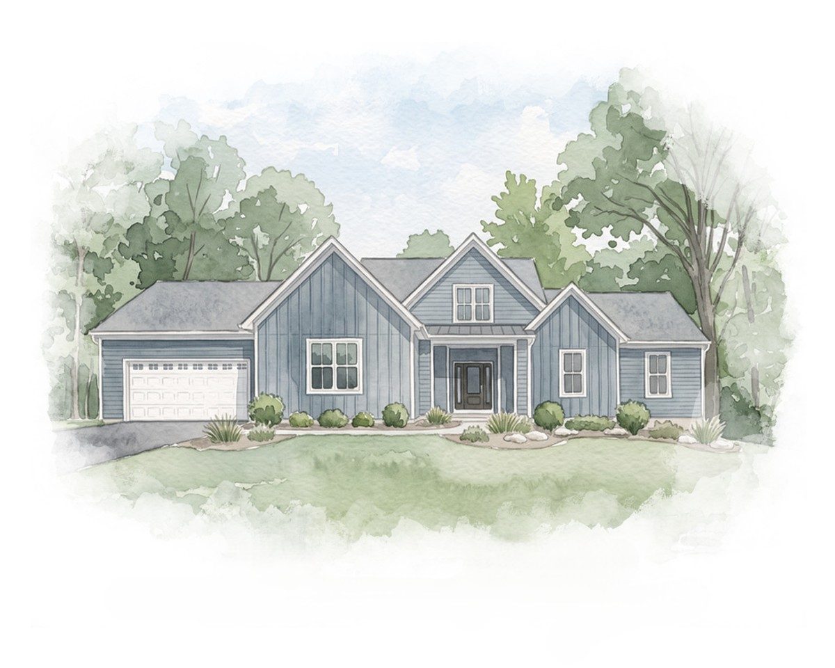 Watercolor of a blue single-story home with an attached garage and board-and-batten gables