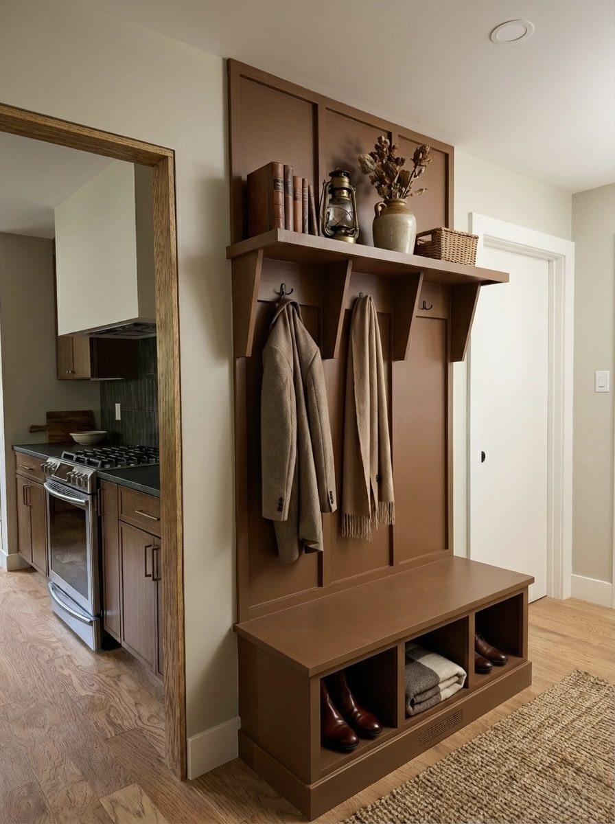 Finished mudroom bench with coat hooks, a shelf and boot storage, with a view into the new kitchen