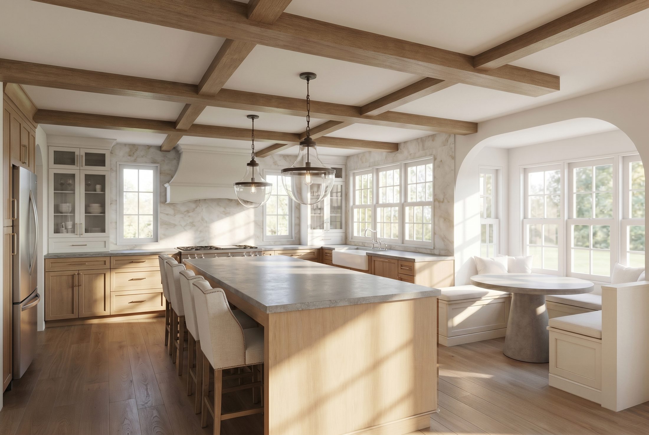 Kitchen with a coffered ceiling of stained wood beams, a white oak island, glass pendant lights and an arched breakfast nook with built-in banquette seating