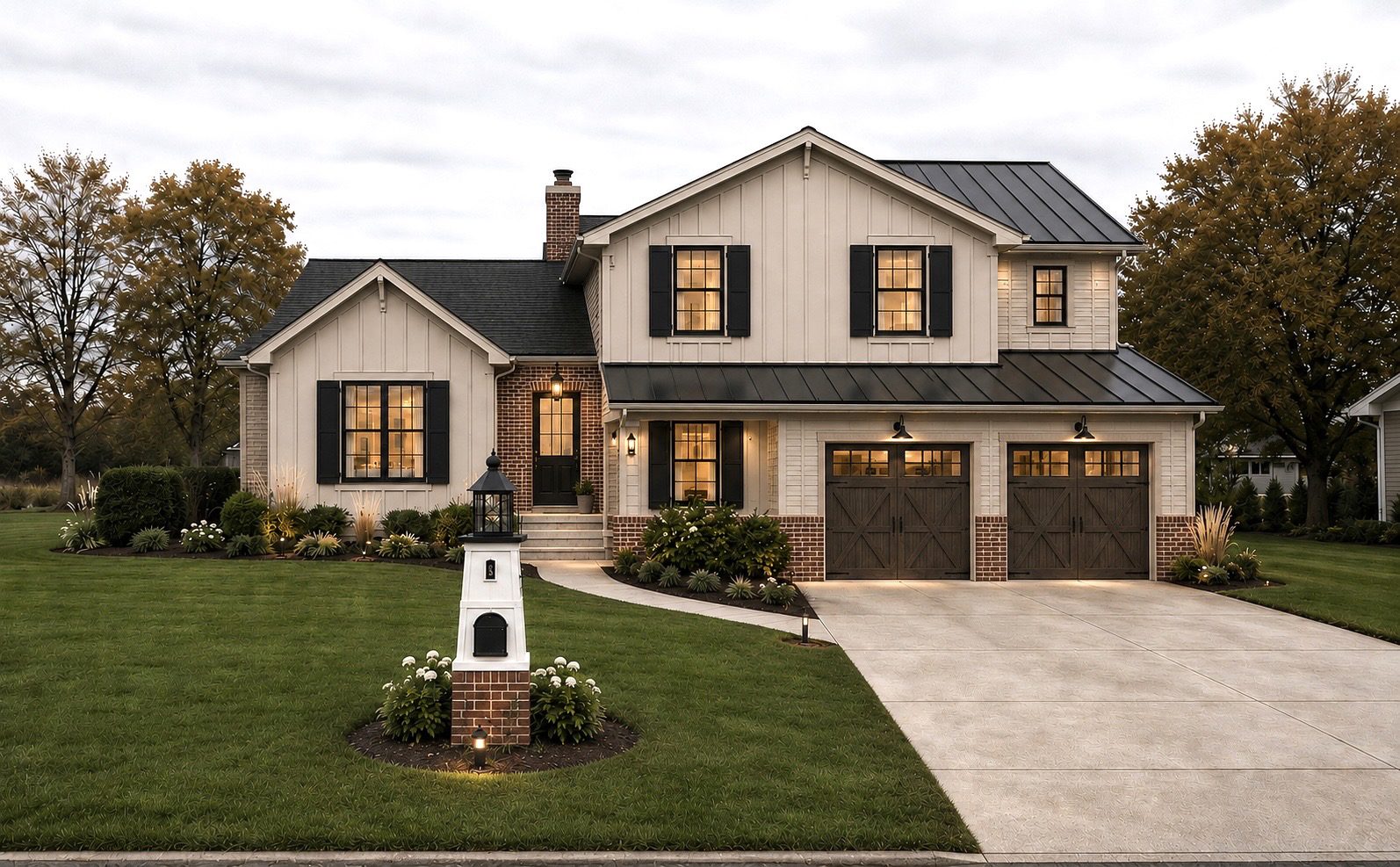 Split-level home after renovation: board-and-batten siding, brick, black shutters, metal roof and two-car garage