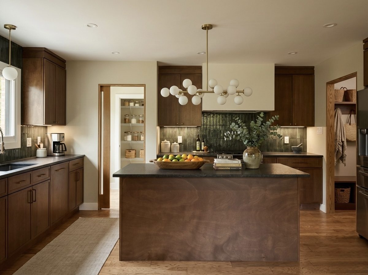 Finished kitchen with walnut-stained cabinets, a dark honed-stone island, globe chandelier, green tile backsplash, a pantry door and a mudroom nook