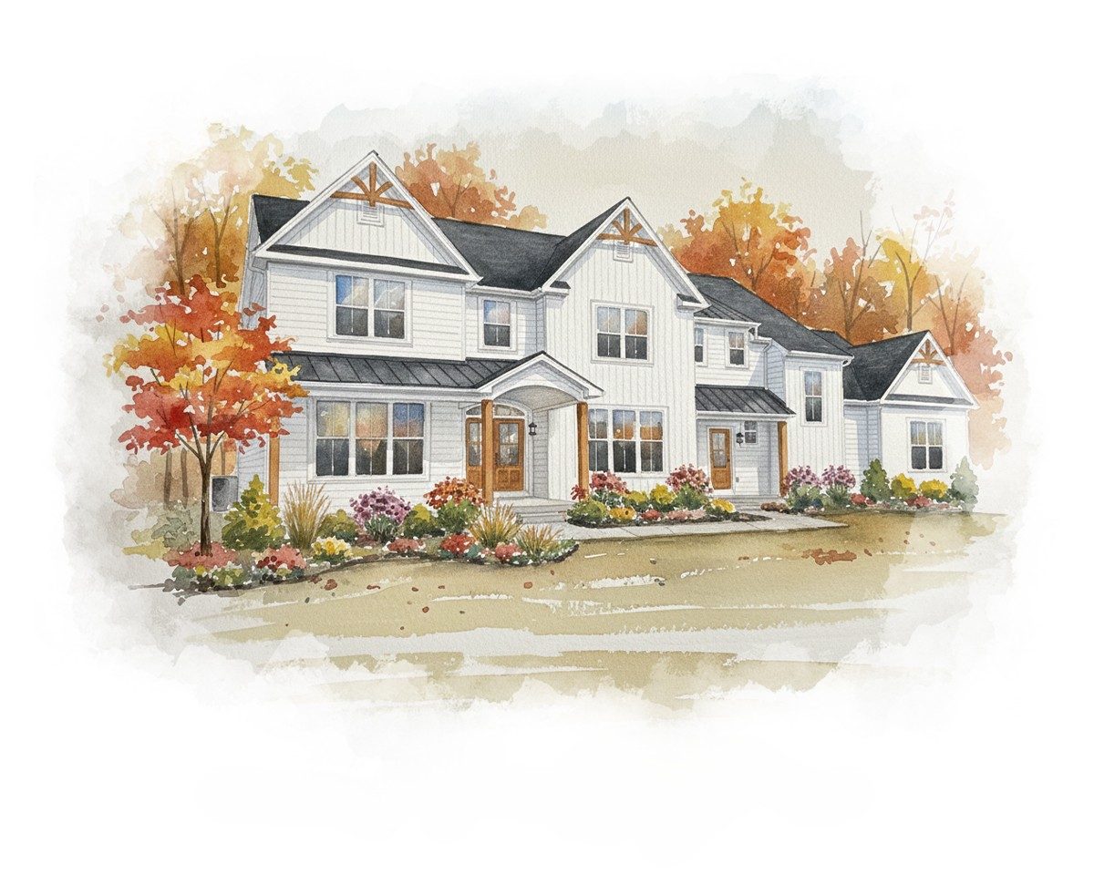 Watercolor of a white farmhouse with board-and-batten gables, copper-toned posts and autumn trees