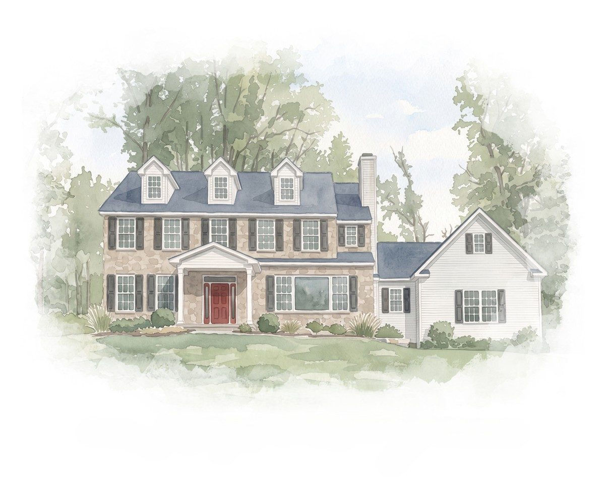 Watercolor of a stone colonial home with three dormers, black shutters and a red front door