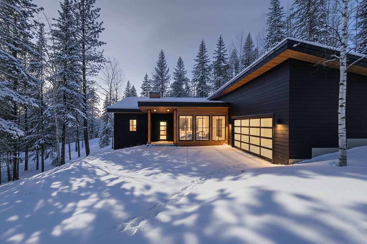 The home at dusk from the driveway: dark horizontal siding, a cedar-lined roof edge, glowing windows and a glass garage door in the snow