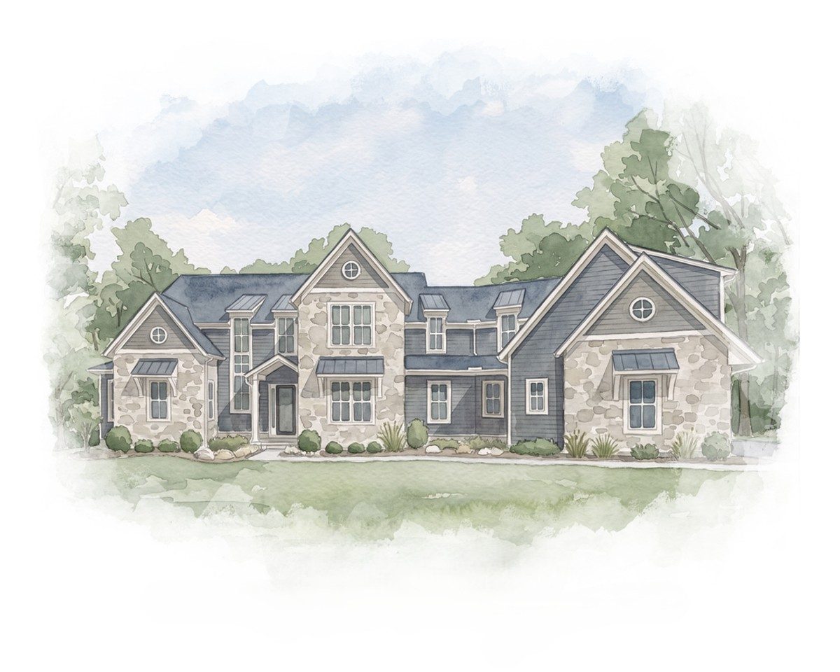 Watercolor of a large home with stone and slate-blue siding, multiple gables and metal awnings