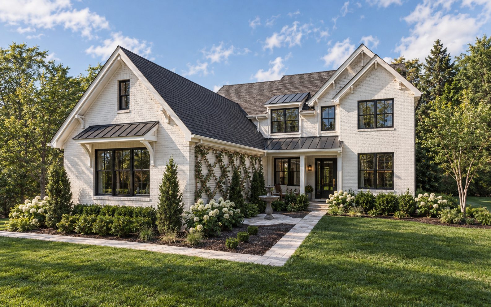 Photorealistic rendering of a two-story white brick home with black windows, gabled rooflines, a trellis, landscaped gardens and a paver walkway on a green lawn under a blue sky