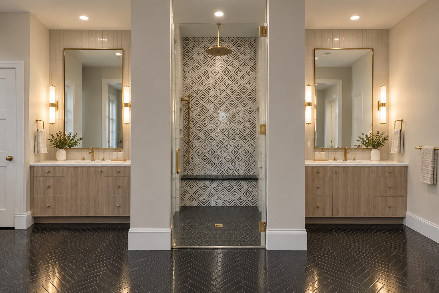 Primary bath with two wood vanities, brass mirrors and sconces, a central glass shower with patterned tile and black herringbone floor