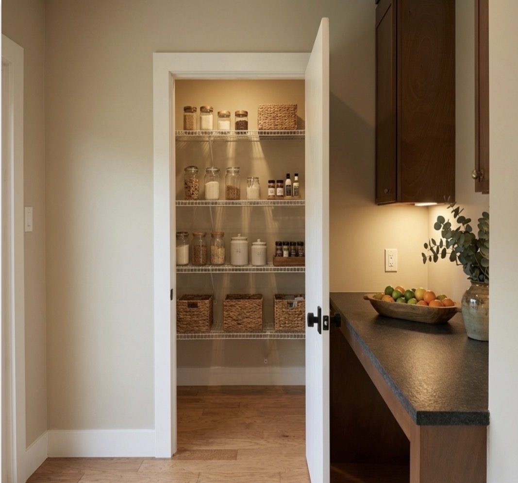 Finished walk-in pantry with wire shelving, glass storage jars and woven baskets beside a stone counter