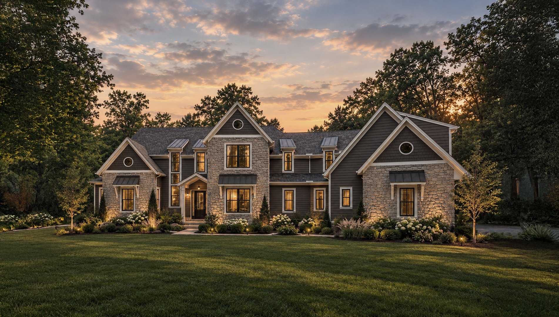 Two-story home with stone and dark siding, lit windows and landscaping at sunset